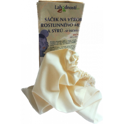 Sáček na výrobu rostlinného mléka a sýrů v biobavlně (21x27 cm) se šňůrkou